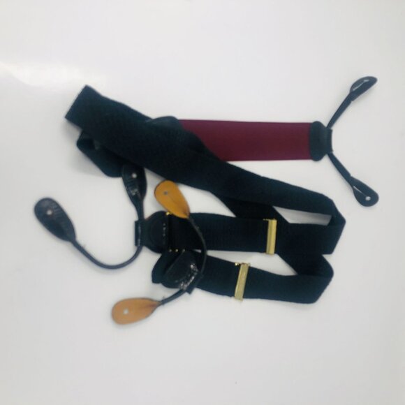 Trafalgar Men's Suspenders Braces - Black Pebbled & Burgundy Leather Adjustable - Picture 2 of 9